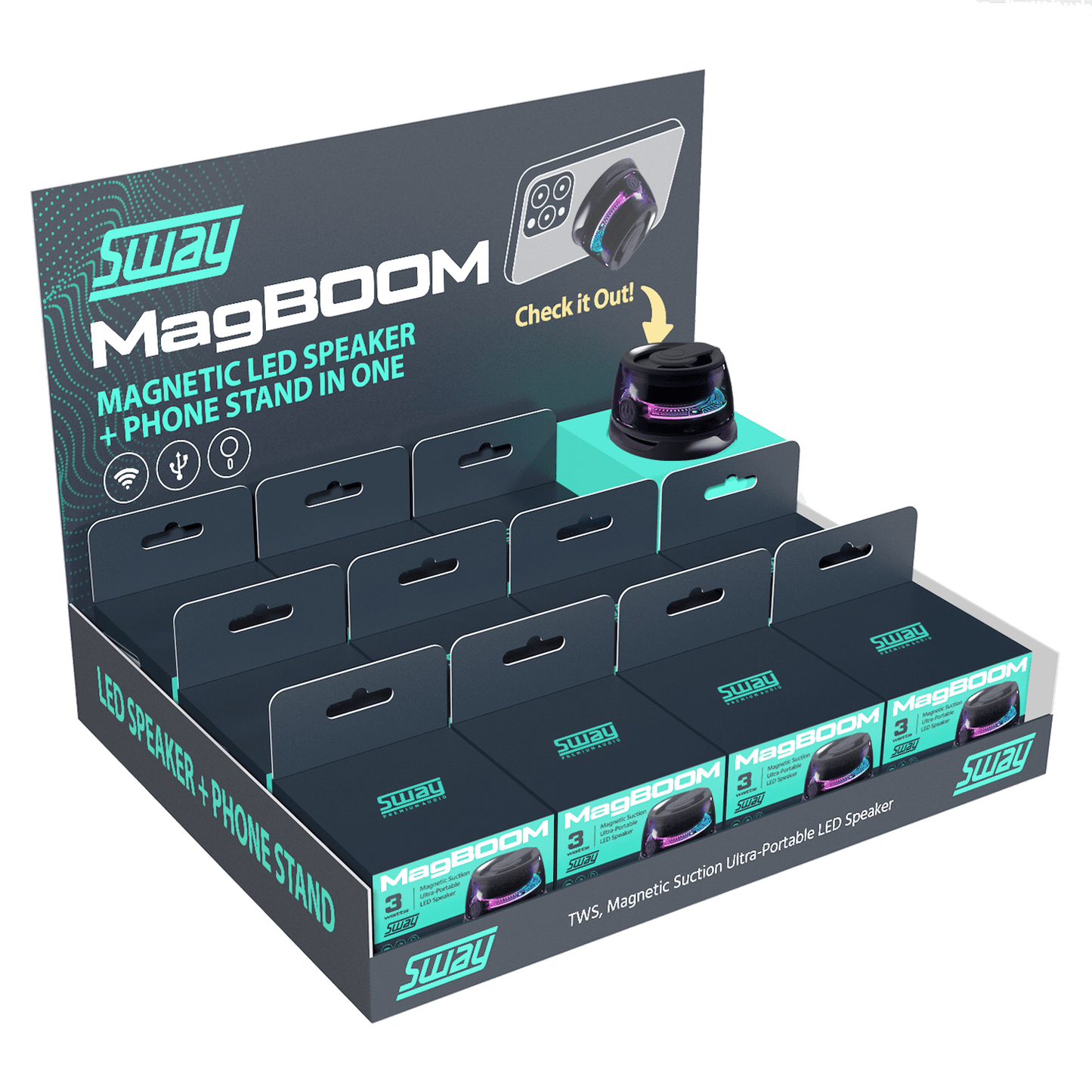 Sway Magboom Led Magnetic Bluetooth Speaker (12 Pack) Bluetooth Portable Speaker - Black
